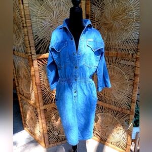 Vintage Dreams Blue 100% Cotton Denim Button-Up Dress_Med